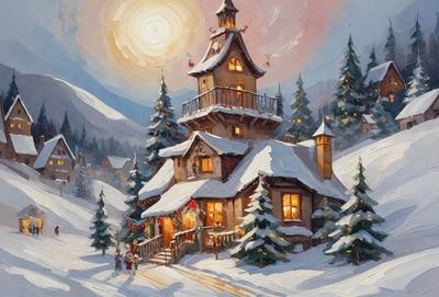 Primary subject: A large, snow-covered house with a steeple and a clock tower.

Setting/background: The house is situated in a snowy landscape, surrounded by trees.

Visual style: The image is a painting, featuring a detailed and colorful scene.

Colors and mood: The painting is predominantly white, with snow covering the house and trees. The mood is serene and peaceful, as the house stands tall in the snowy landscape.